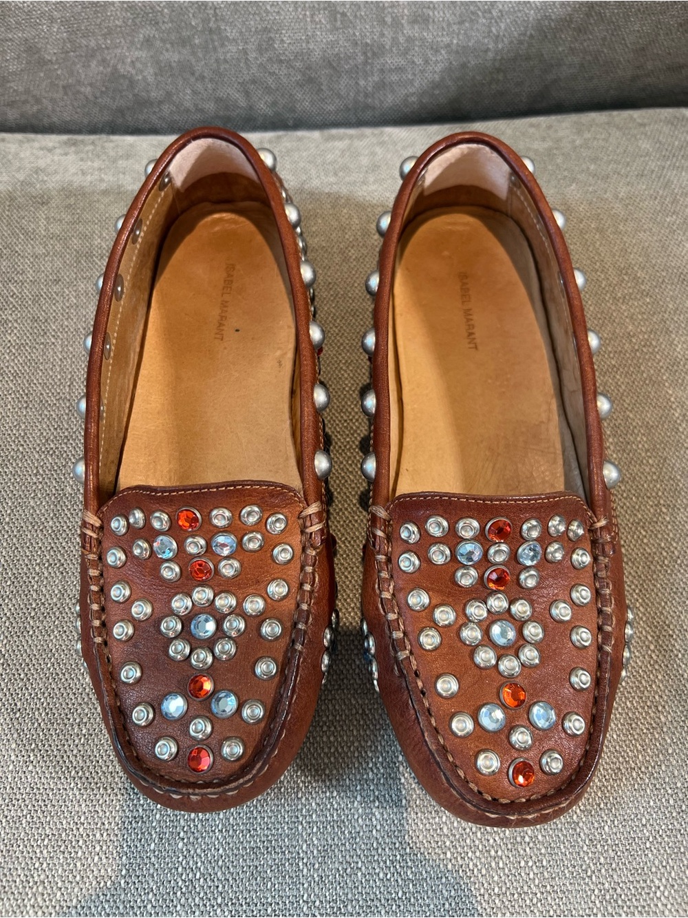 Isabel Marant Brown Studded Leather Loafers with Silver & Red Gems - Picture 11 of 12